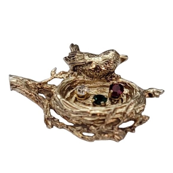 Anson Sterling Gold Vermeil Gemstone Eggs In Nest Bird Pin, Signed E748 - Picture 2 of 9